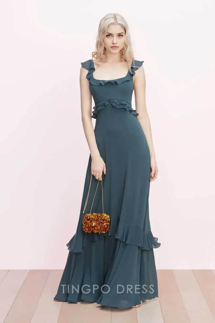 TingPo Wholesale Elegant Teal Green Square Neck Dress - Ruffled Bodice Sleeveless Maxi Gown